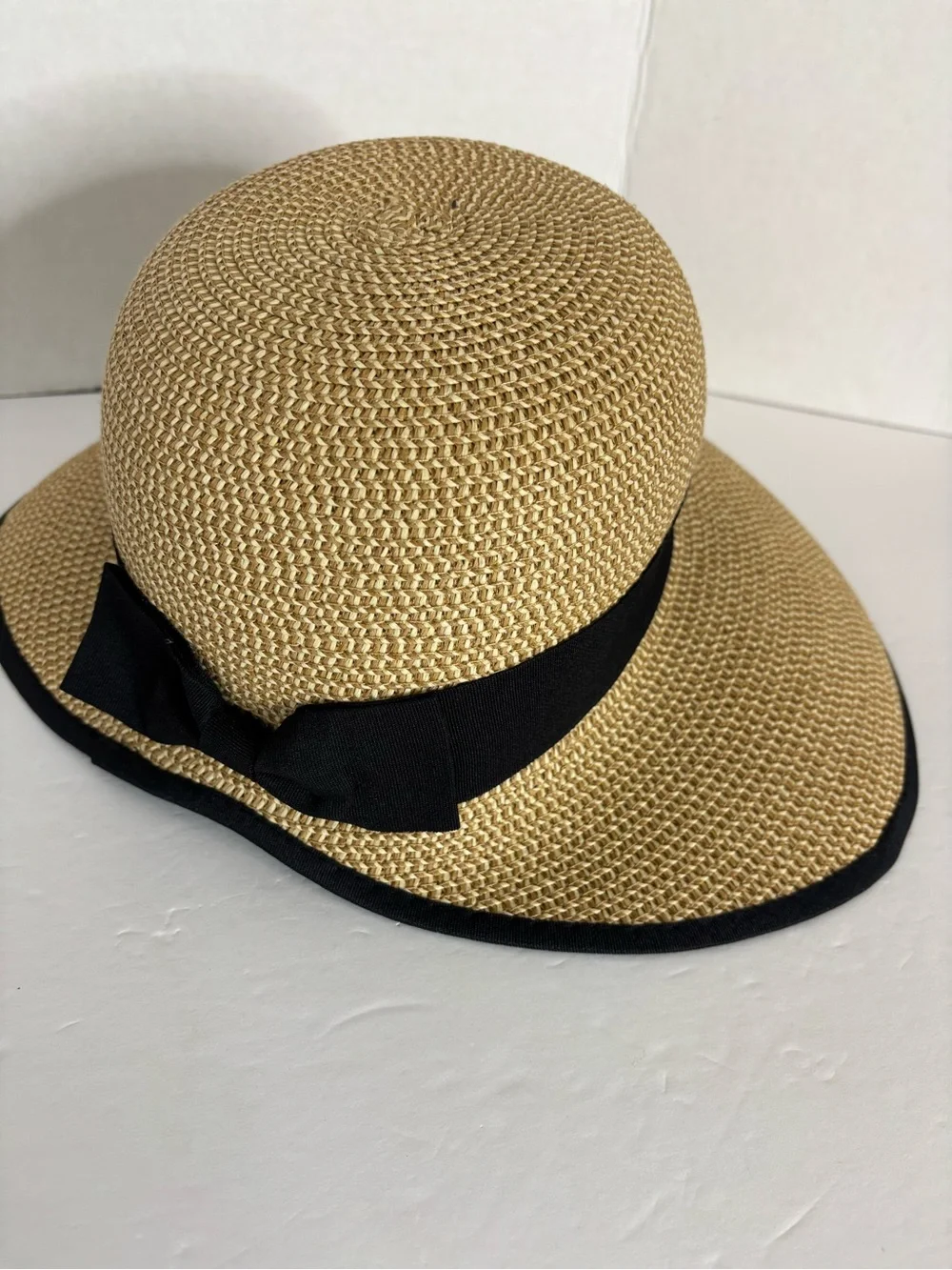 Magid Tan Straw Cloche Hat with Black Band
